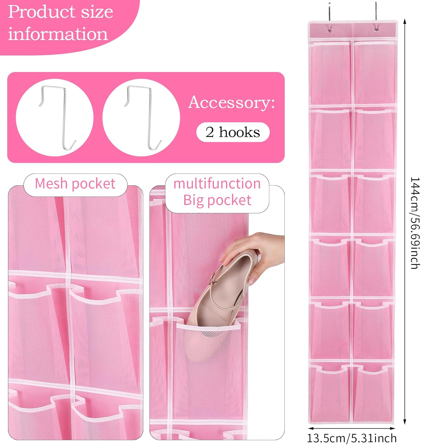 Over the Door 12 Pocket Hanging Shoe Organizer, Pink