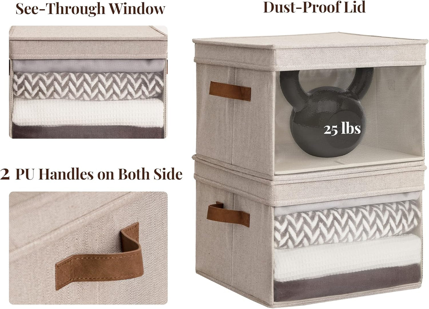 StorageWorks Storage Bins with Lid and Clear Window, Fabric Storage Boxes with Lids, Stackable Basket for Shelves, Closet Organizer and Storage Bins, Brown and Beige, Large, 4-Pack