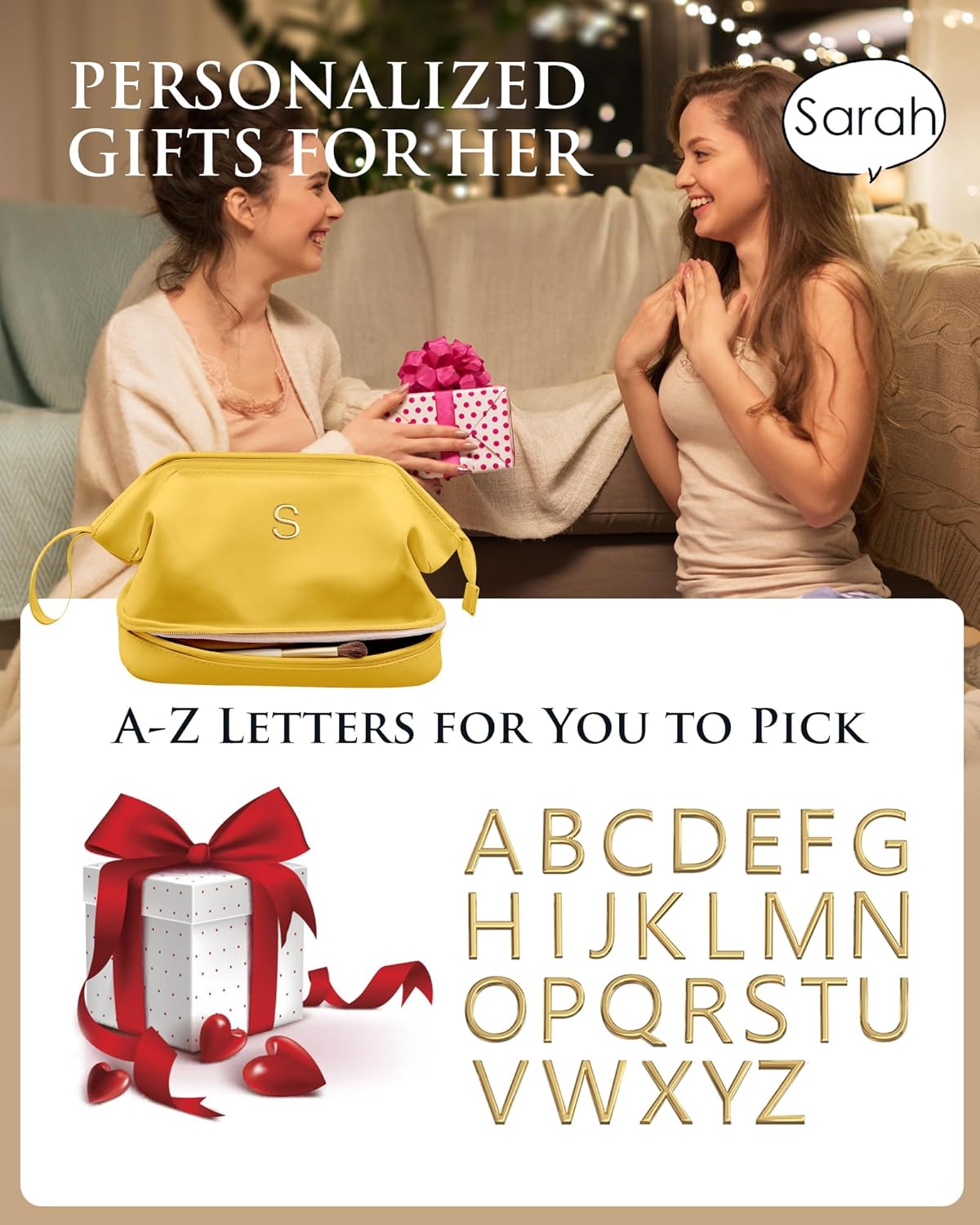 Senior Gifts, Initial Makeup Bag, Travel Gifts, Personalized Bags, Waterproof Double Layer Cosmetic Bag, Large Capacity PU Leather Makeup Bags Letter Travel Toiletry Bag, Friend Gifts