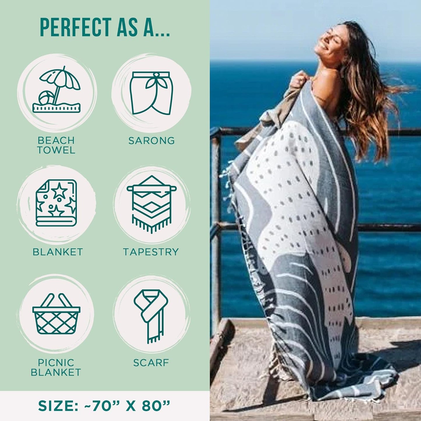 Sand Cloud Turkish Beach Towel - Sand Free - 100% Organic Turkish Cotton Yarn - Quick Dry Towel for Beach, Picnic, Blanket or Bath - As Seen on Shark Tank - Marine Life (Typus Whale Shark)