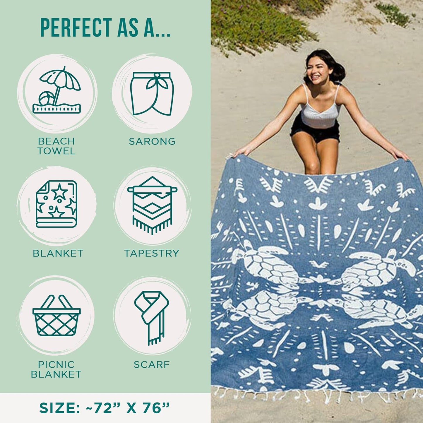 Sand Cloud Extra Large Turkish Beach Towel - Sand Free - 100% Organic Turkish Cotton Yarn - Quick Dry Towel for Beach, Picnic, Blanket or Bath - As Seen on Shark Tank - Marine Life (Prism Turtles XL)