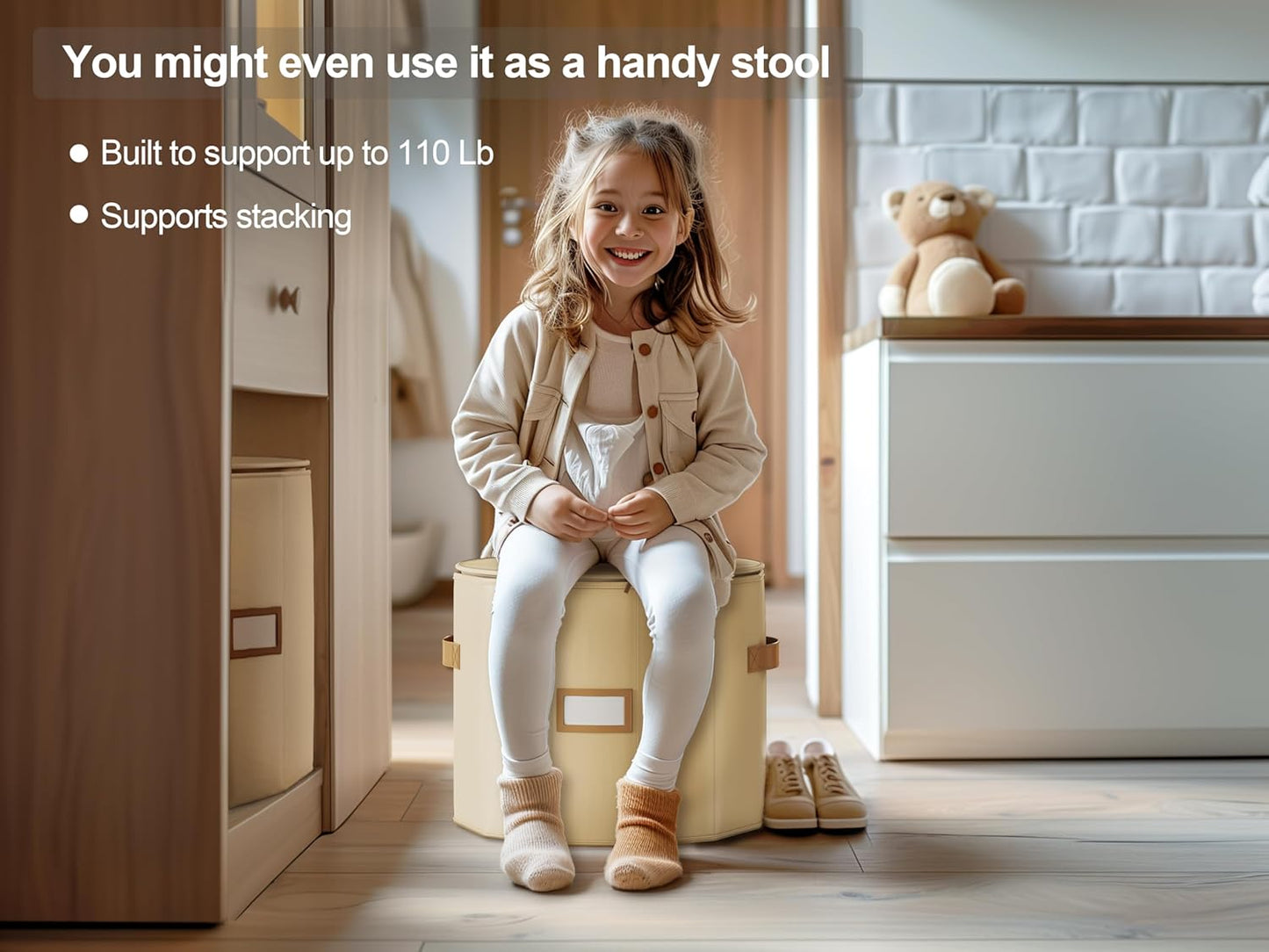 Vailando Shoe Organizer for Closet - Cylindrical Shoe Storage Organizer with Removable Dividers, Rectangular Compartment, Foldable, Beige, 1-Pack