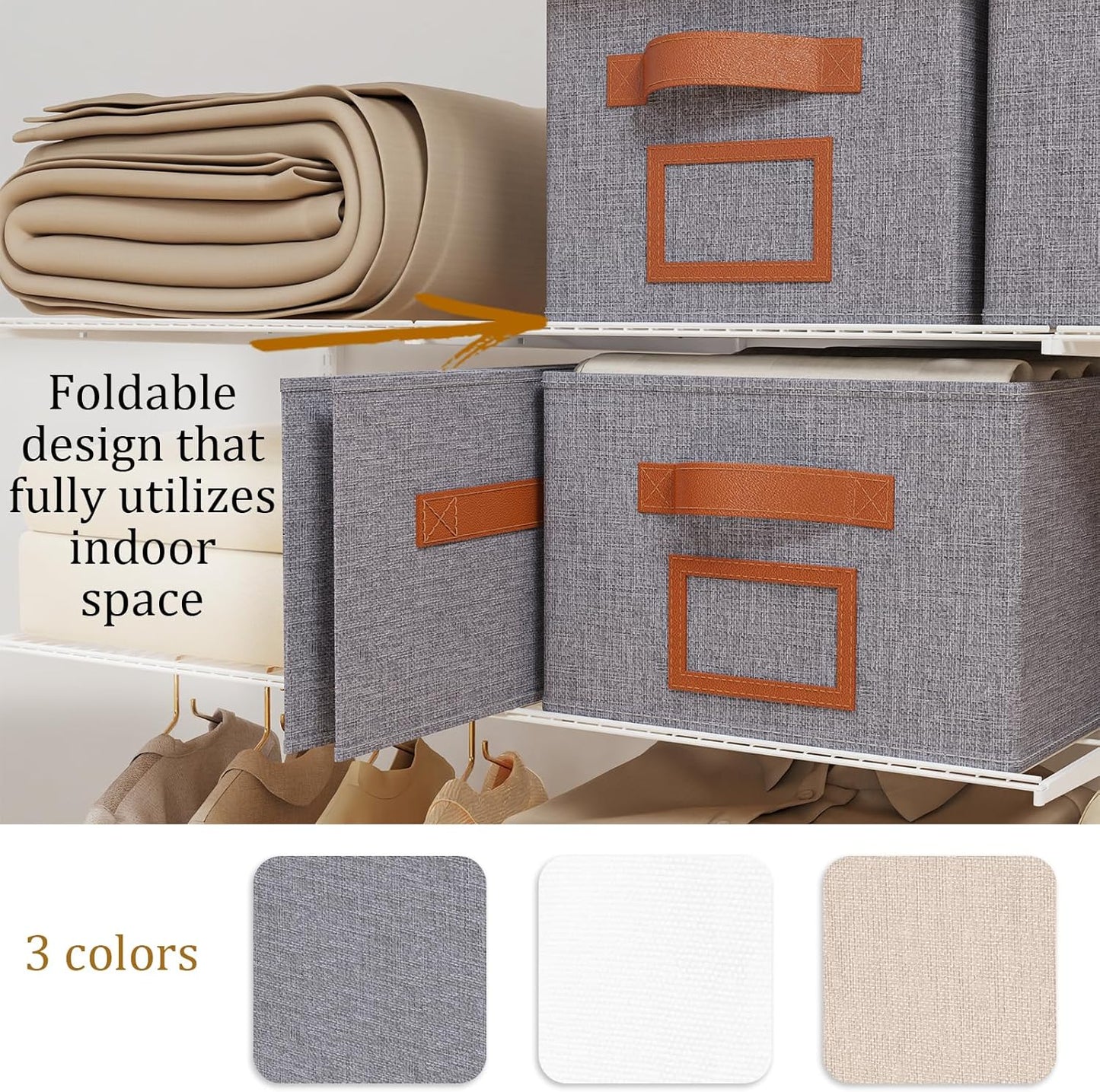 OUTBROS Foldable Storage Box for Shelves, 15.7 x 11.8 x 7.9 inch Fabric Baskets, Wardrobe Organiser with Handles, Suitable for Storing Clothes, Books, Cosmetics (Gray, 3-Pack)