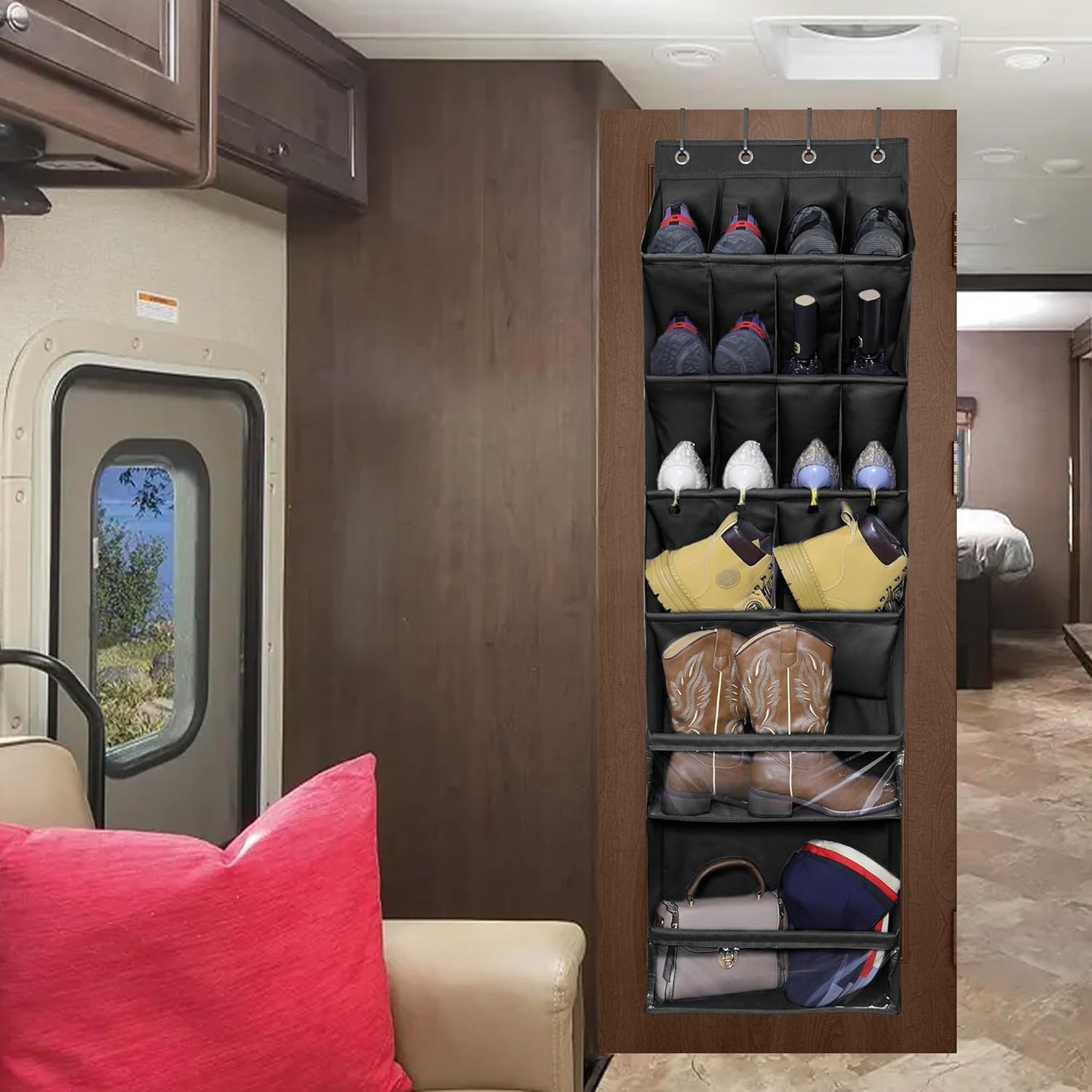 Over The Door Shoe Organizer with Large Deep Pockets Door Shoe Rack for Narrow Door Hanging Multifunction Shoe Holder for Dorm Closet Door, Black 16 Pockets