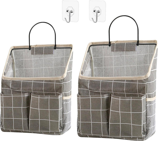 2pcs Wall Hanging Storage Bag,Wall Hanging Organizer Bags with Pockets, Wall Organizer Storage for Dormitory Bathroom Bedroom Kitchen(Grey Grid)
