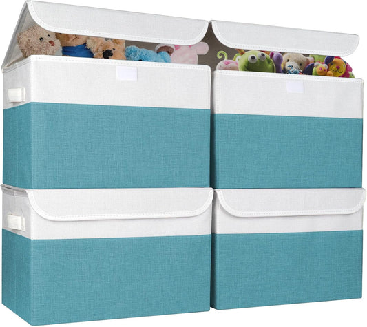 Large 22 Quart Linen Fabric Foldable Storage Bin Cube Organizer Basket with Flip-Top Lid & Handles, Clothes Blanket Box for Home, Office, Closet, Teal & White, 4 Pack 14.6 x 9.5 x 9.5