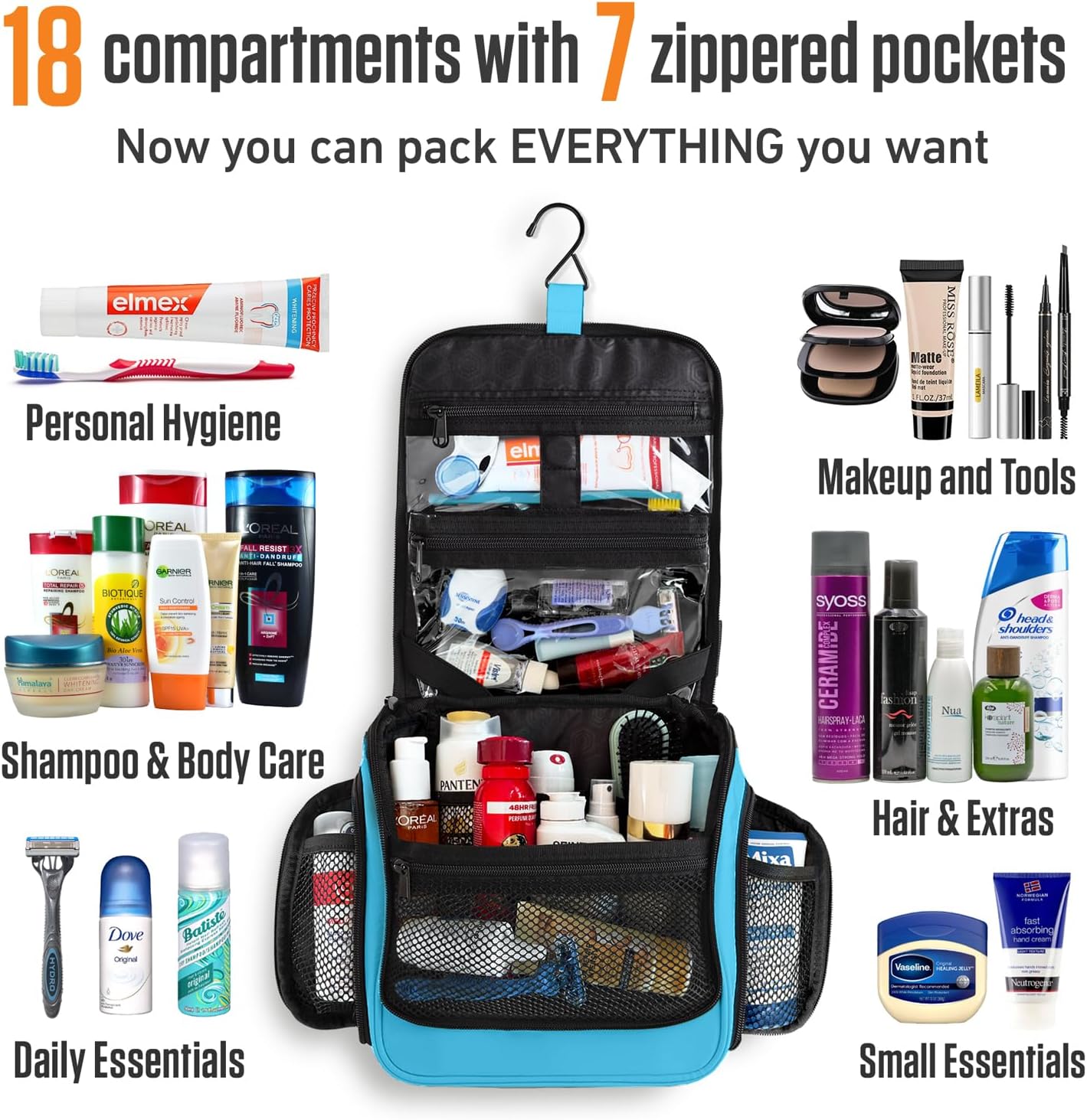 VENTURE 4TH Hanging Travel Toiletry Bag for Women & Men - Travel Organizer with Expandable Compartments & Removable Clear Pouch for Toiletries (Light Blue)