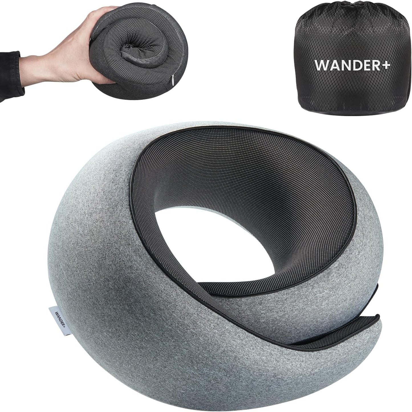 WANDER PLUS® Travel Neck Pillow, Pure Memory Foam Neck Pillow for Airplanes, Comfortable Breathable Cover, 360 Degree Support Ergonomic Design Best for Sleeping Plane Train Travel Essentials Max Grey