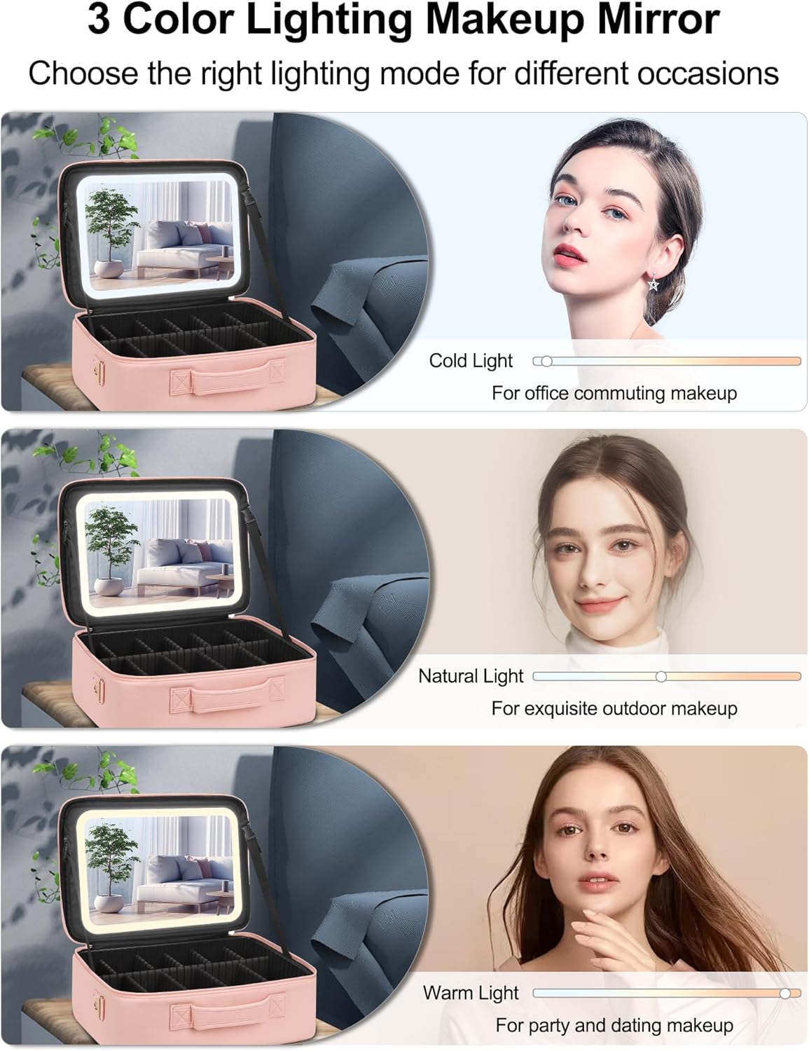 Chomeiu Makeup Bag with LED Mirror, Large Train Case for Makeup Artists, 16.2 inches Travel Professional Cosmetic Organizer with Light Up Mirror, 3 Color Lights, Brush Holder & Shoulder Strap (Pink)