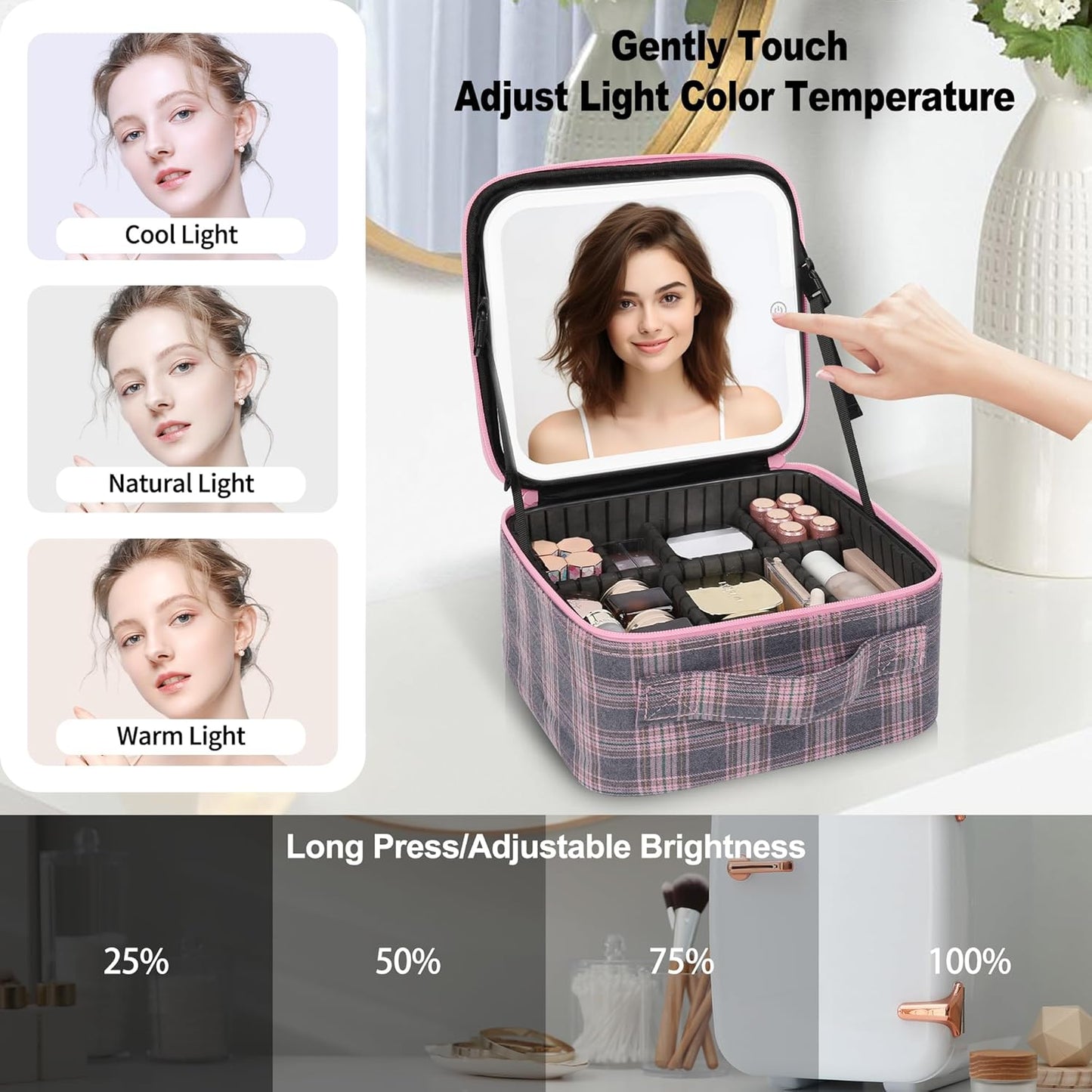 Makeup Bag With LED Mirror, Travel Makeup Case with Light up Mirror Large Cosmetic Case with 3 Color Lighted Portable Organizer Bag with Adjustable Dividers(Pink/Grey Stripes-Canvas, Small)