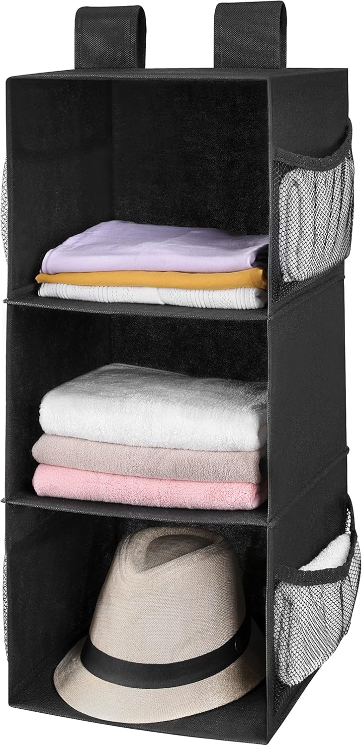 MAX Houser 3-Shelf Hanging Closet Organizer, Hanging Sweater Organizer, Foldable Hanging Shelves for Closet with 2 Velcro, Black