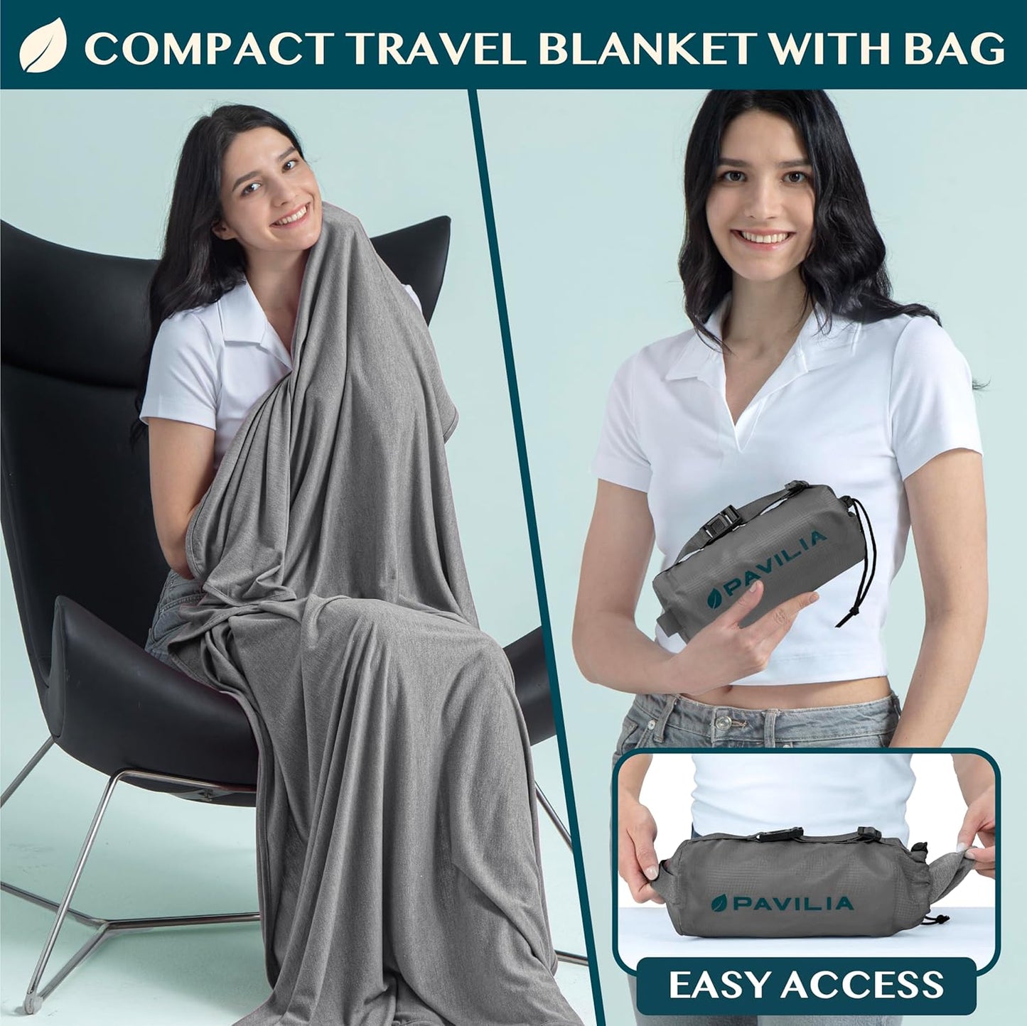 PAVILIA Travel Blanket Airplane Compact with Bag, Soft Packable Plane Blanket Kids Adults, Portable Camping Flight Essentials, Travelers Gifts Accessories, Luggage Backpack Strap, 65x40 Gray