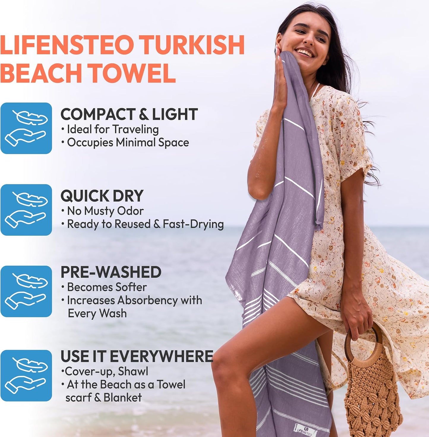 Turkish Beach Towel - 40x71 inch Oversized Sand Resistant Prewashed Turkish Towel - 100% Turkish Cotton Quick Drying, Compact, Lightweight Turkish Towel for Beach, Bath, Pool, Gym, Yoga.