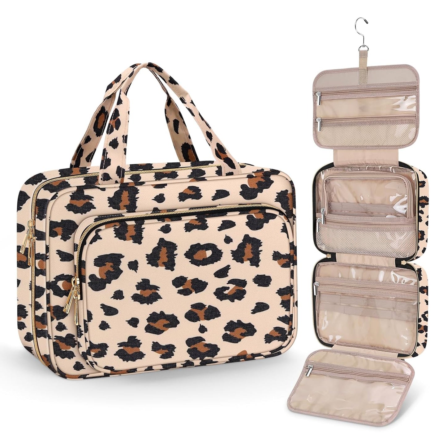 Wedama Toiletry Bag for Women, Medium Cosmetic Travel Bag, Hanging Toiletry Bag for Bathroom, PVC Waterproof Makeup Bag, Toiletries Bag for Travel Business Trips and Camping, Leopard Print