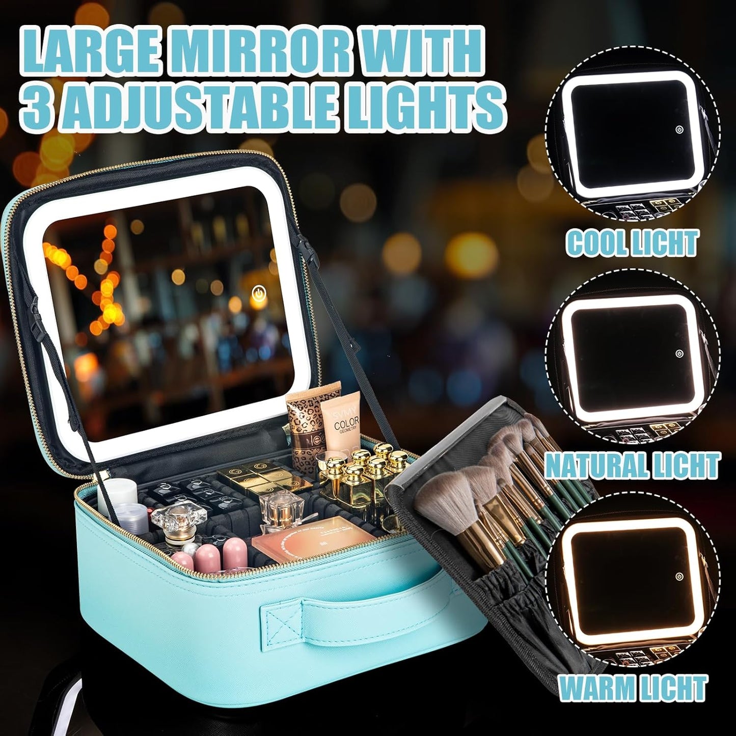 Makeup Travel Train Case with Mirror LED Light 3 Adjustable Brightness Large Cosmetic Bag Portable Storage Adjustable Partition Waterproof Makeup Brushes Make up Jewelry Gift for Women