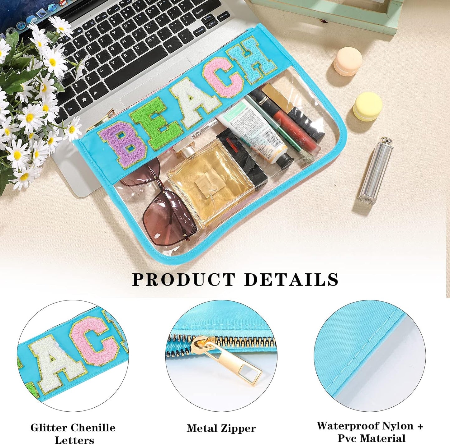 DYSHAYEN Chenille Letter Clear Zipper Pouch for Travel,Nylon Clear Cosmetic Bag,Makeup Travel Bag for Women Girls 11.8 Inches x 8.2 Inches