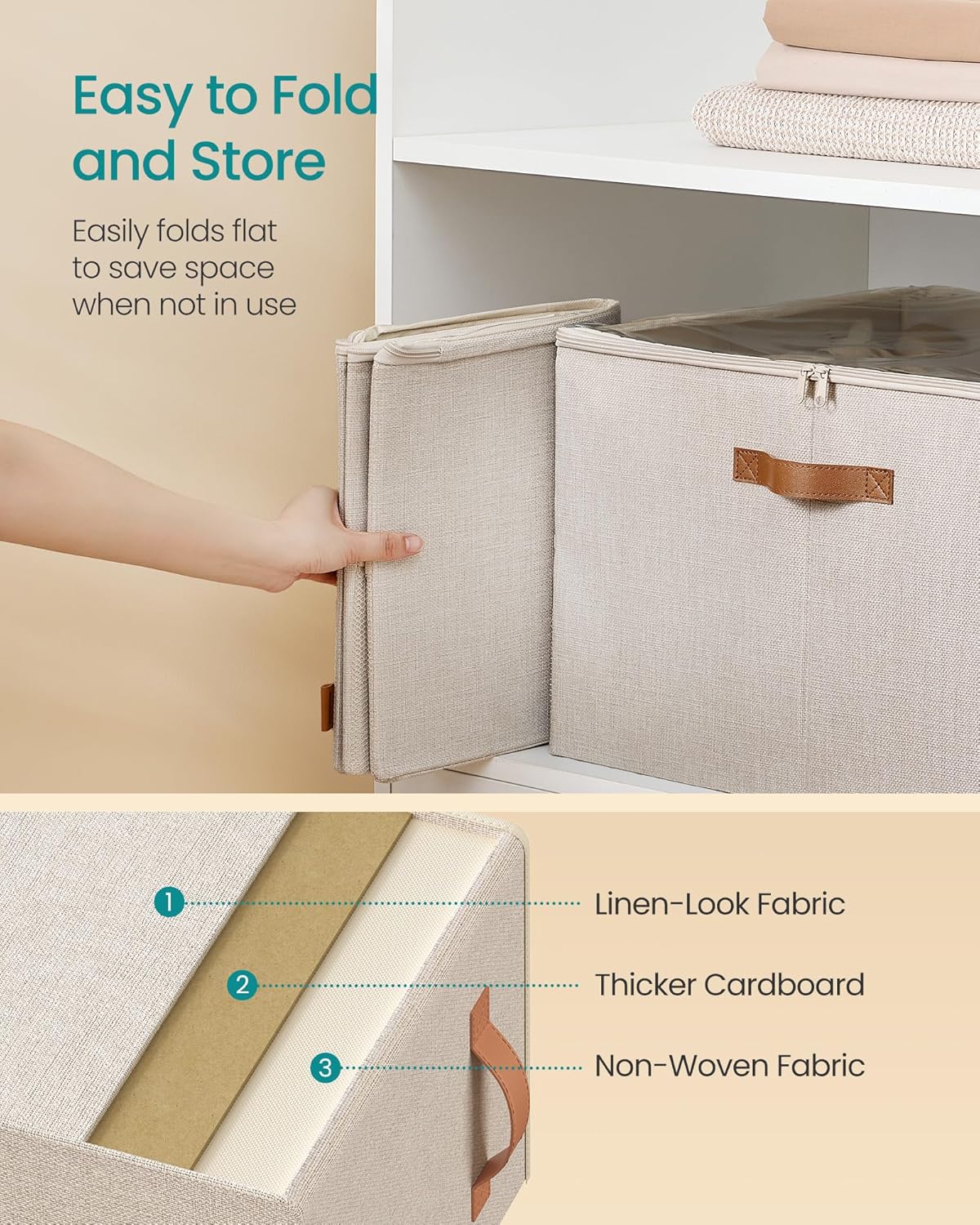 SONGMICS Shoe Organizer for Closet, Shoe Storage Bin, Fits 16 Pairs, Fabric Container with Handles and Clear Cover, Adjustable Dividers, Customizable, Cappuccino Beige ULSP555K01