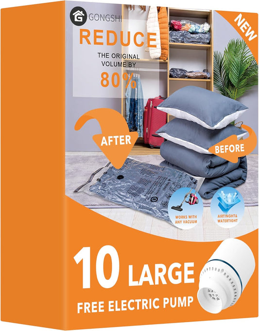 10 Large Vacuum Storage Bags with Electric Pump, Plastic Packaging Bags,Space Saver Bag for Clothes, Mattress, Blanket, Duvets, Pillows, Comforters, Travel