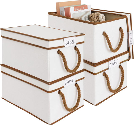 LoforHoney Home Fabric Storage Bins with Lids for Organizing, Foldable Closet Storage Boxes for Shelves, Clothes Baskets with Cotton Rope Handles, Large, Beige & Brown, 4-Pack