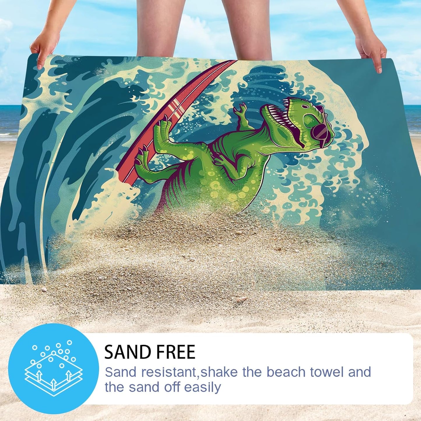 WZOMT Kids Dinosaur Beach Towel, Microfiber Dinosaurs Towels for Boys Toddler, Funny Green Dinosaur Surfing on Blue Wave Ocean Dino Bath Towel for Swim Pool Travel, Oversized 32x52 Inch