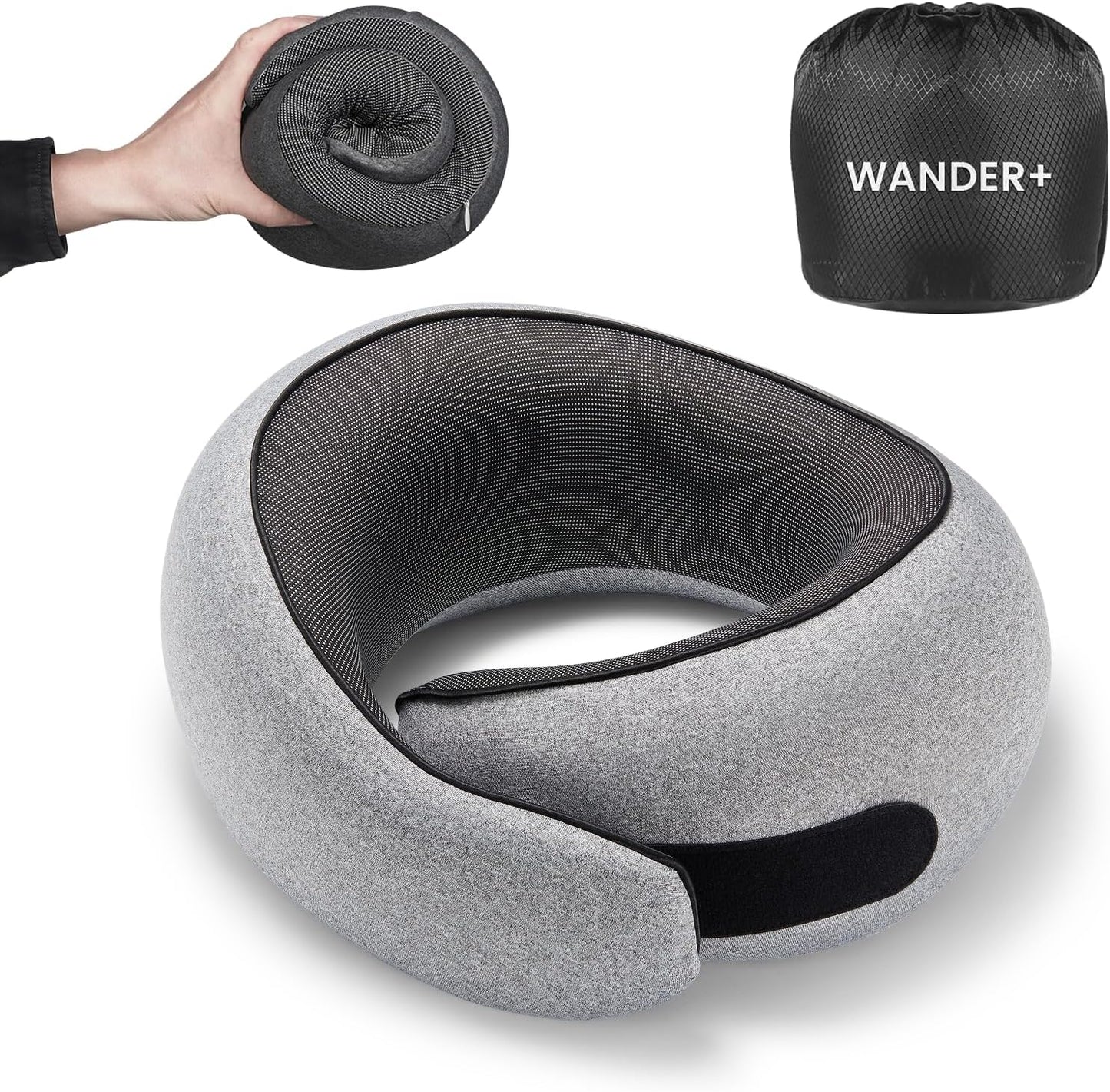 WANDER PLUS® Travel Pillow, 100% Pure Memory Foam Travel Neck Pillow Airplane Neck Support Ergonomic Design Best for Sleeping Plane Car Train Office Flight for Adults Grey