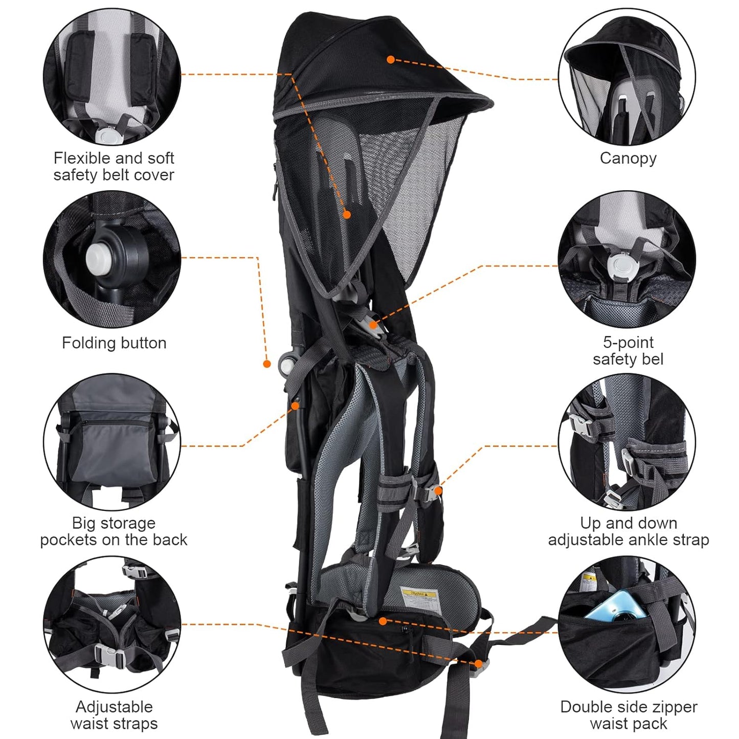 Baby Shoulder Carrier Baby Hiking Backpack Carrier with Rain Cover Sun Shade for Child Safe Backrest and Toddler Ergonomic Seat Holds 40 Pound for Children Between 6 Months-3 Years Old Babies