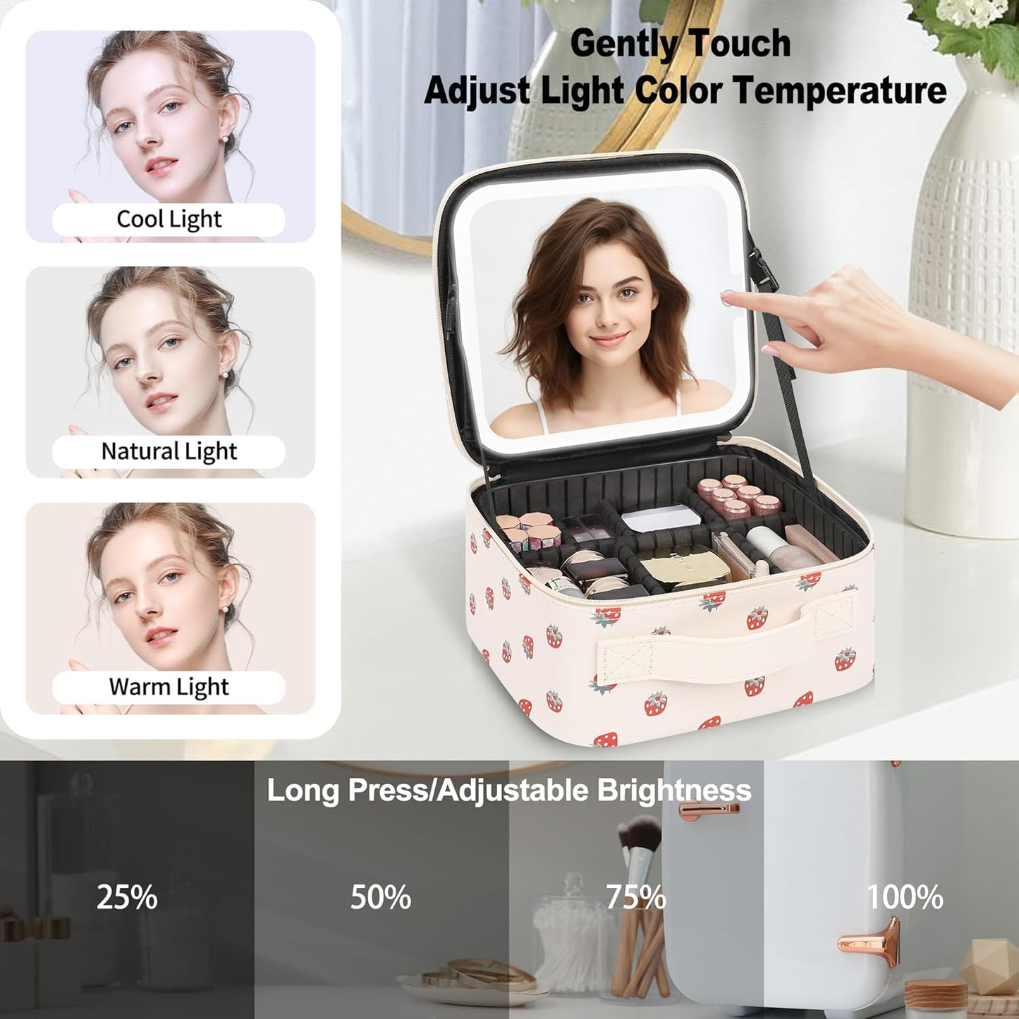 Makeup Bag With LED Mirror, Travel Makeup Case with Light up Mirror Fashion Cute Cosmetic Bag with 3 Color Lighted Portable Organizer Case with Adjustable Dividers （Strawberry/Beige,Small）