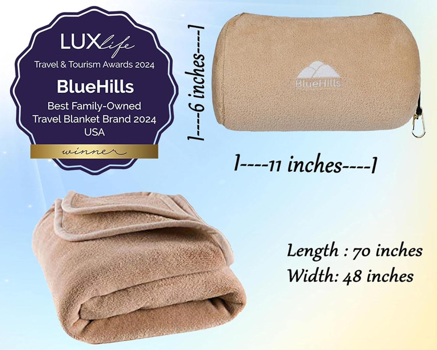BlueHills Travel Blanket Pillow Rolled Premium Soft Plush Airplane Throw Traveler Essentials Gift Compact in a Bag 70X48 inches Long Car Plane Flight Portable Beige R06