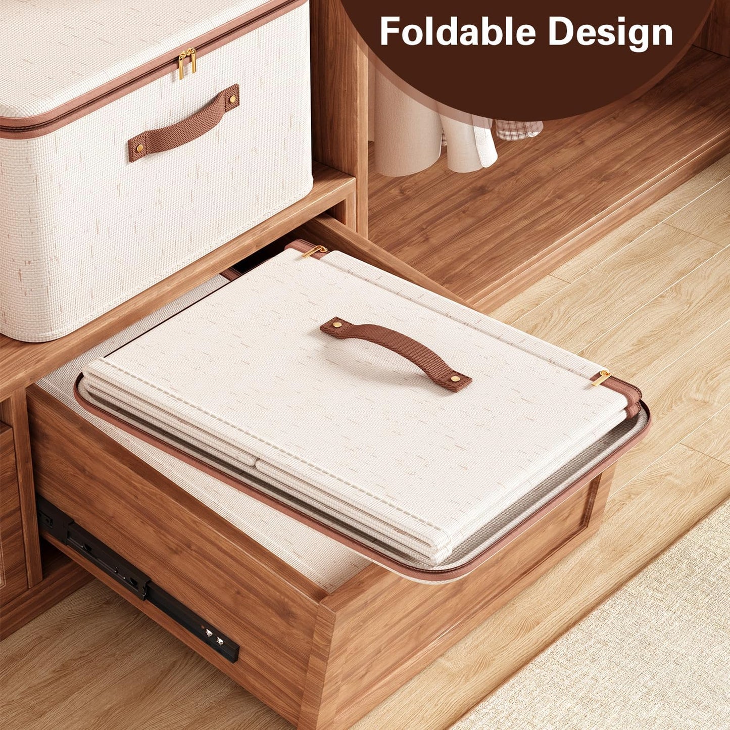 Tuza 3 Pcs Rigid Storage Bins with Zipper Lid, Cotton Linen Fabric Storage Boxes, Foldable Shelves Clothes Storage Cubes with Handles for Wardrobe, Closet(Beige, 56L)