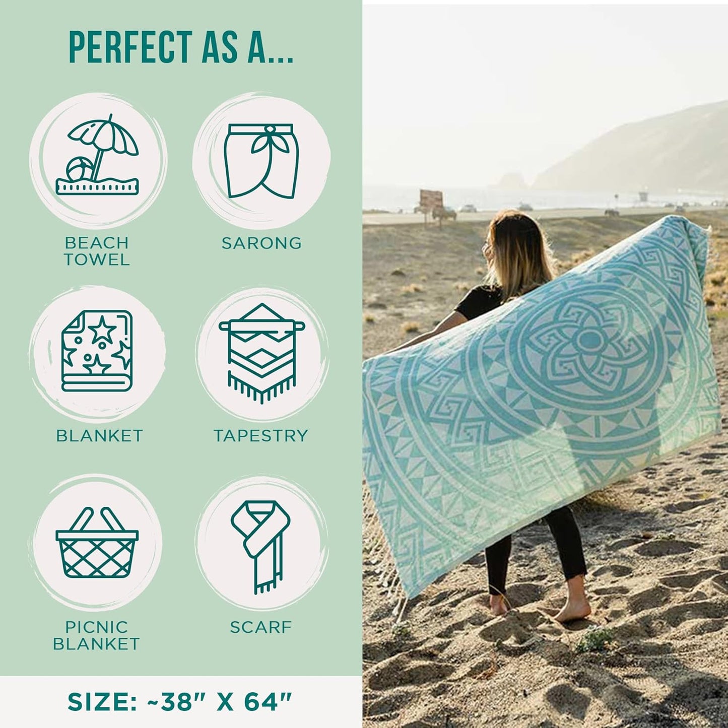 Sand Cloud Turkish Beach Towel - Sand Free - 100% Organic Turkish Cotton Yarn - Quick Dry Towel for Beach, Picnic Blanket or Throw - As Seen on Shark Tank - Mandala (Mint)