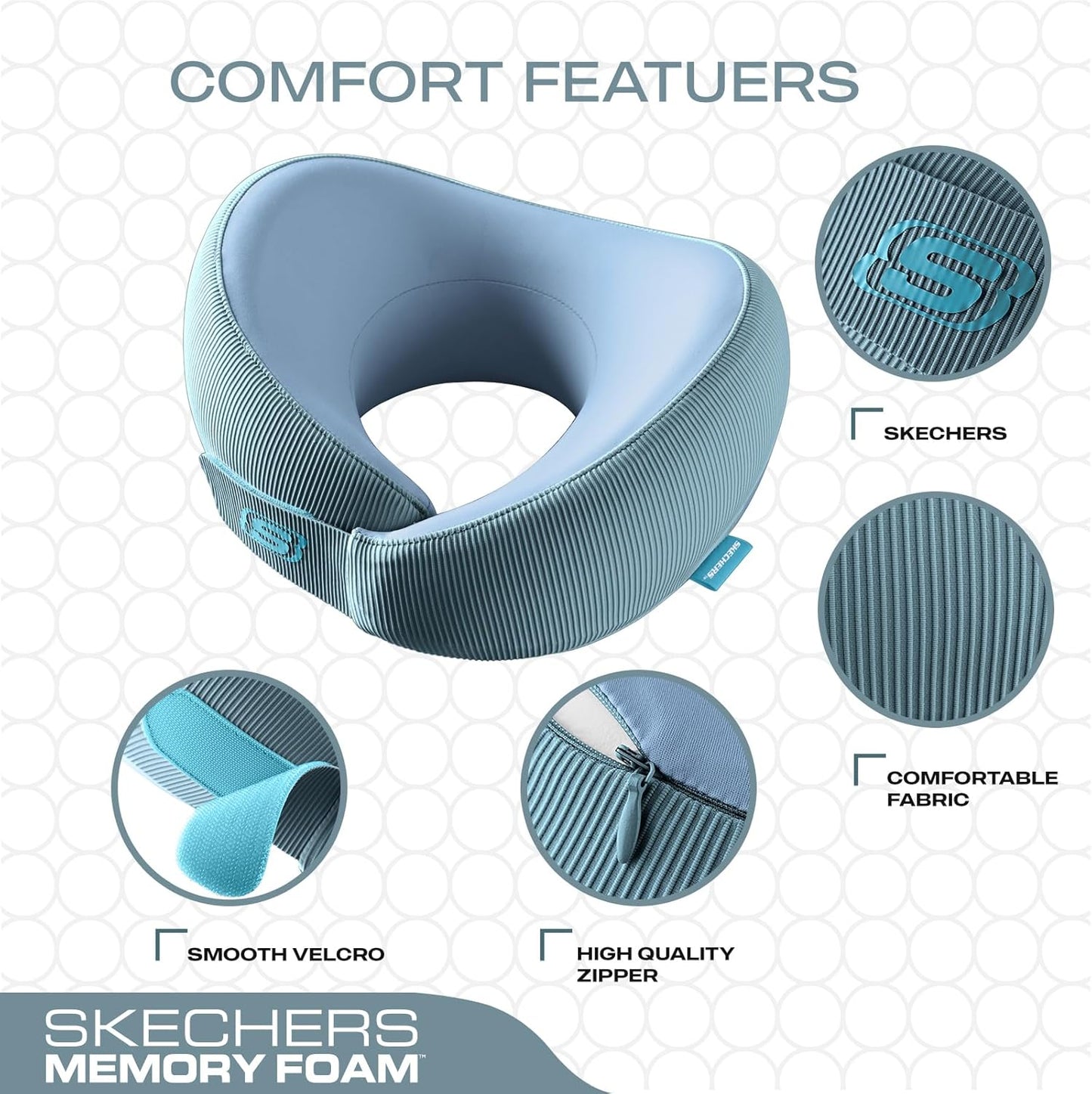 Skechers Women's Memory Foam Neck Pillow, Comfortable & Breathable Travel Pillow,Neck Pillow Airplane for Travel, Car Rides, Home, and Office Use, Ergonomic Design for Men and Women,Light Blue