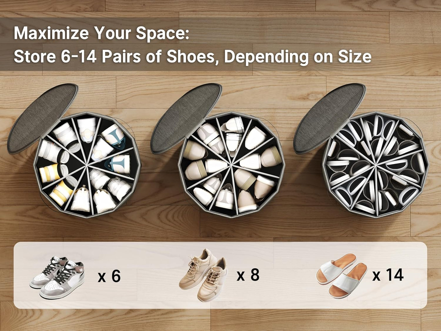 Vailando Shoe Organizer for Closet - Cylindrical Shoe Storage Organizer with Adjustable Dividers for Closet, Foldable Shoe Storage Box, Gray, 2-Pack, Large