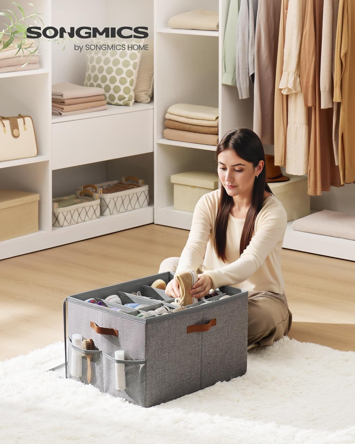 SONGMICS Shoe Organizer for Closet, Shoe Storage Bin, Fits 16 Pairs, Fabric Container with Handles and Clear Cover, Adjustable Dividers, Customizable, Dove Gray ULSP555G01