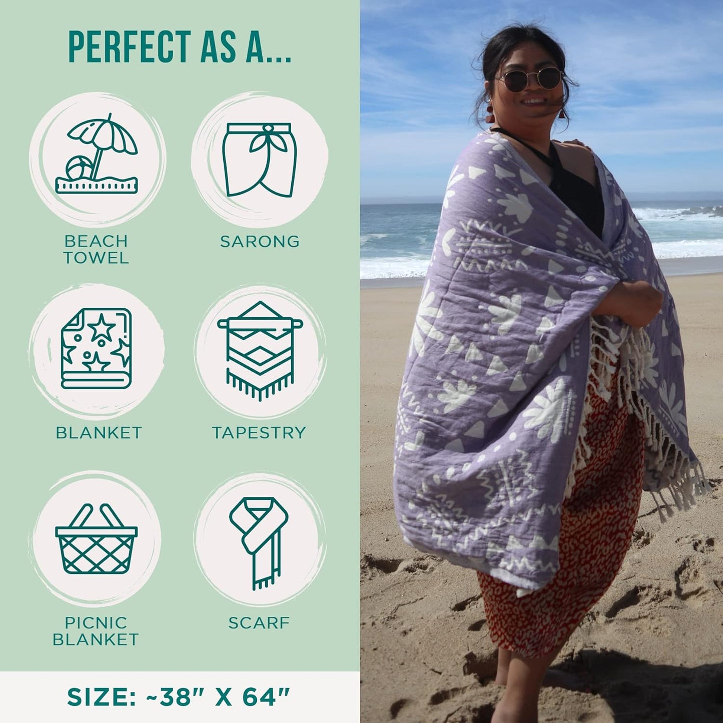 Sand Cloud Turkish Beach Towel - Sand Free - 100% Organic Turkish Cotton Yarn - Quick Dry Towel for Beach, Picnic Blanket or Throw - As Seen on Shark Tank - Boho (Purple)