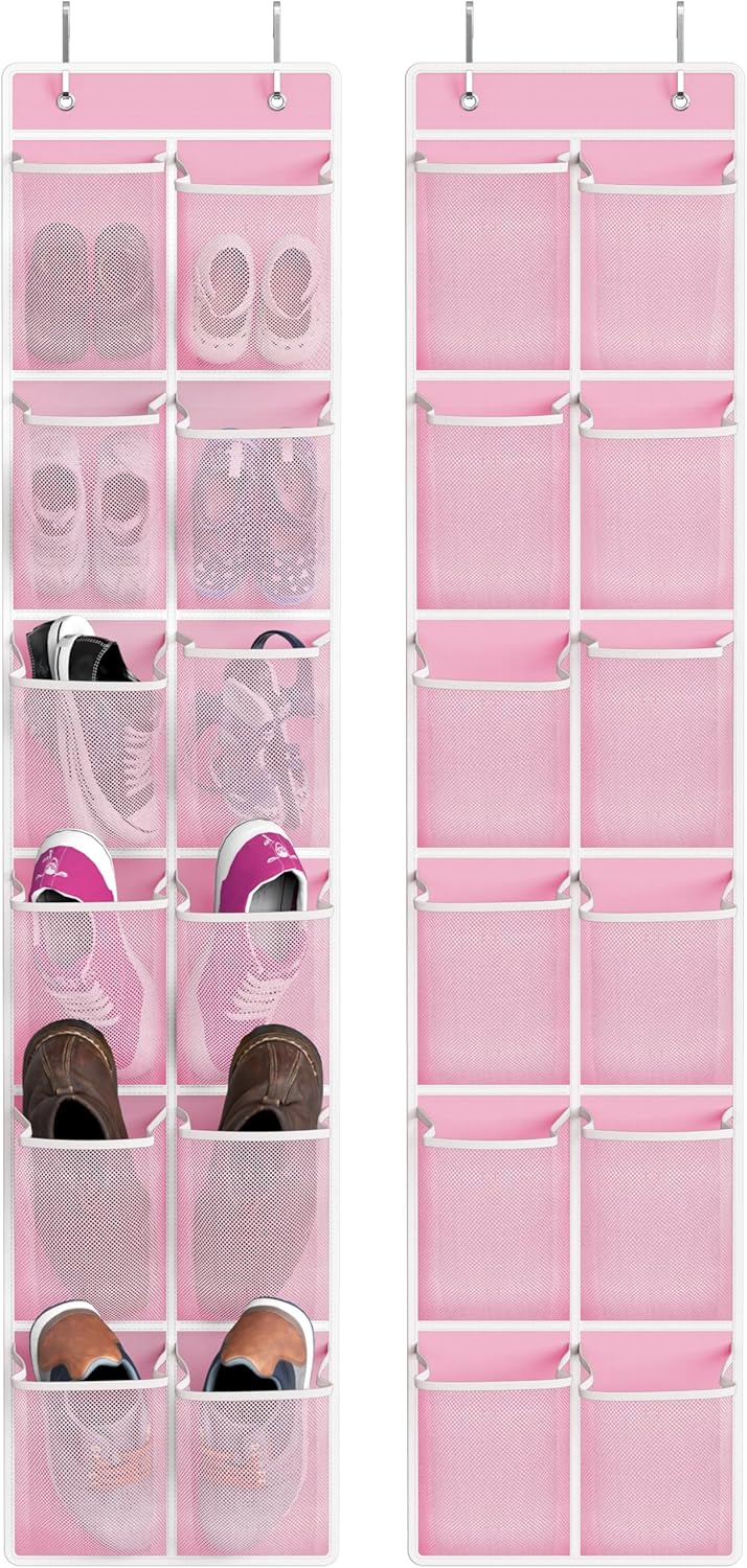 Simple Houseware 24 Pockets - 2PK 12 Large Pockets Over Door Hanging Shoe Organizer, Pink