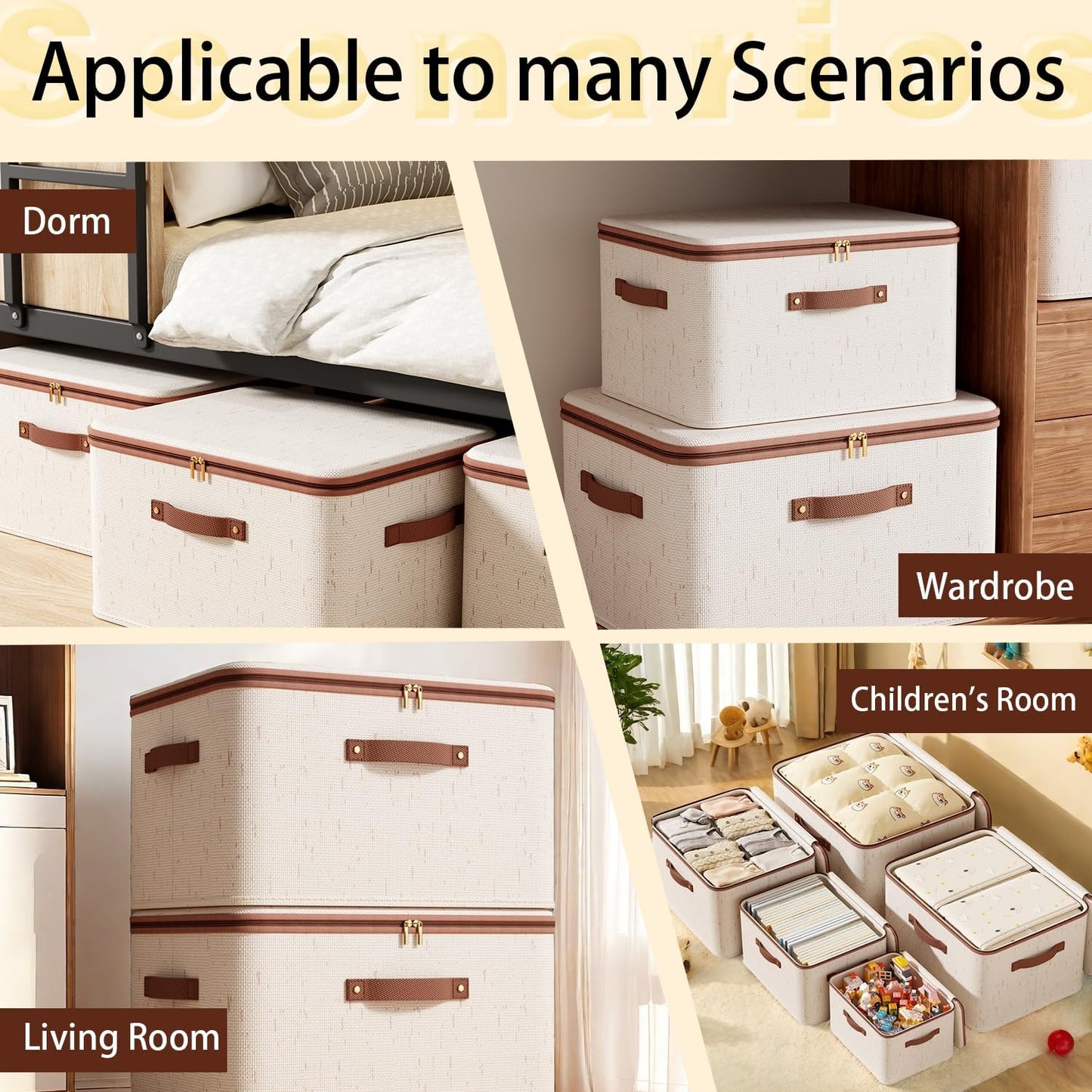 Tuza 3 Pcs Rigid Storage Bins with Zipper Lid, Cotton Linen Fabric Storage Boxes, Foldable Shelves Clothes Storage Cubes with Handles for Wardrobe, Closet(Beige, 56L)