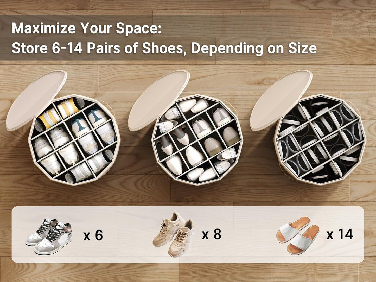 Vailando Shoe Organizer for Closet - Cylindrical Shoe Storage Organizer with Removable Dividers, Rectangular Compartment, Foldable, Beige, 1-Pack