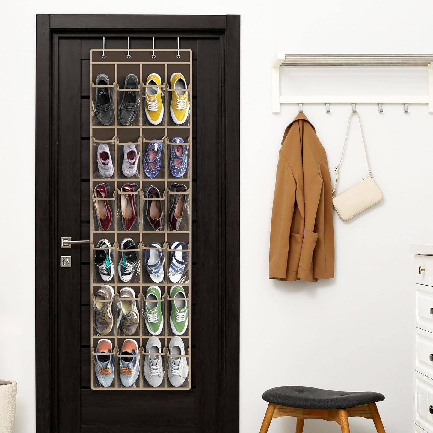 Simple Houseware 24 Pockets - Crystal Clear Over The Door Hanging Shoe Organizer, Brown (64'' x 19'')