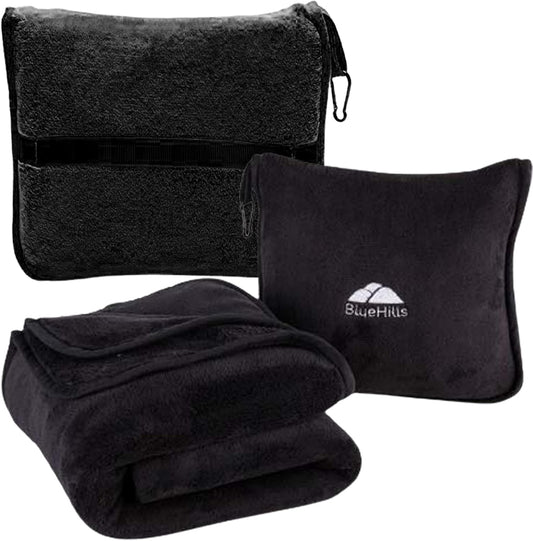 BlueHills Premium Soft Travel Blanket Pillow Airplane Blanket Packed in Soft Bag Pillowcase with Luggage Sleeve Compact Pack Large Traveling Packable Lightweight Gifts Black T008