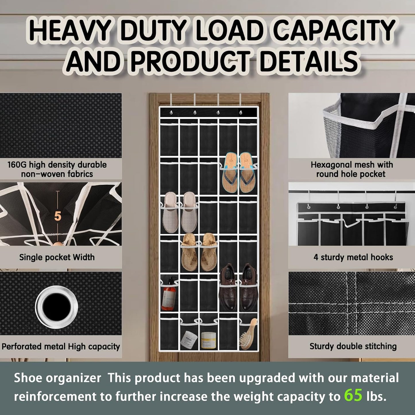 Over the Door Shoe Organizer with 30 Breathable Mesh Pockets - Large Capacity Closet Storage for Men & Women, Hanging Shoe Rack Organizer -Black