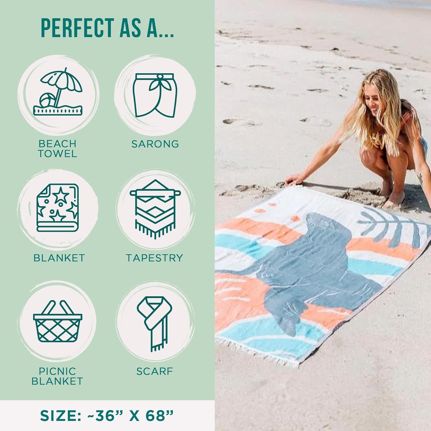 Sand Cloud Turkish Beach Towel - Sand Free - 100% Organic Turkish Cotton Yarn - Quick Dry Towel for Beach, Picnic, Blanket or Bath - As Seen on Shark Tank - Marine Life (Flynn Sea Lion)