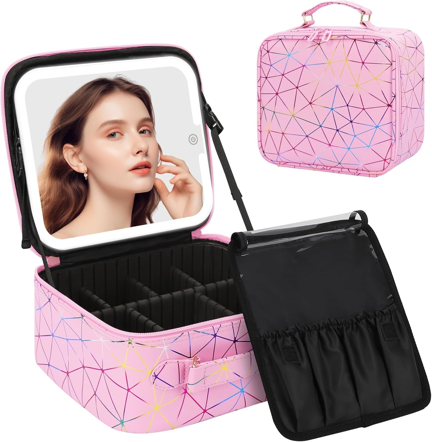 Chomeiu Makeup Bag with LED Mirror, Cute Cosmetic Bags Birthday Gifts for Girls Women, Makeup Train Case Artists Organizer Large Make Up Bags with Light Up Mirror 3 Color Lights, Pink Geometry