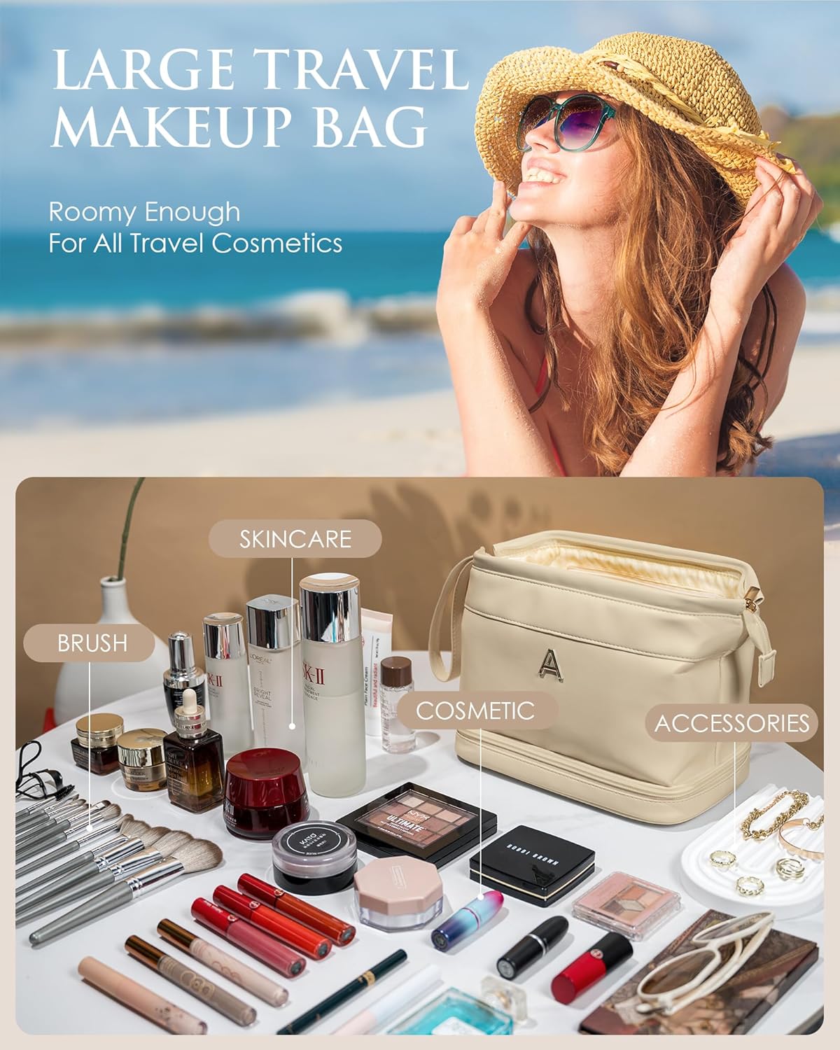 Bridesmaid Gift, Initial Makeup Bags, Personalized Double Layer Cosmetic Bag with Makeup Brush Organizer, Waterproof, Large Capacity PU Leather Travel Toiletry Bag