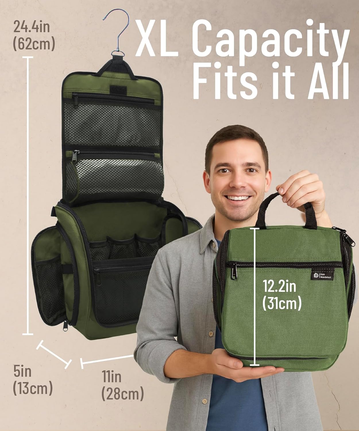 DD D&D Wanderlust D&D Hanging Travel Toiletry Bag for Men and Women. Extra Large Hanging Wash Bag Organizer with 10 Compartments, Zippers, XXL Metal Swivel Hook, Water-Resistant Nylon