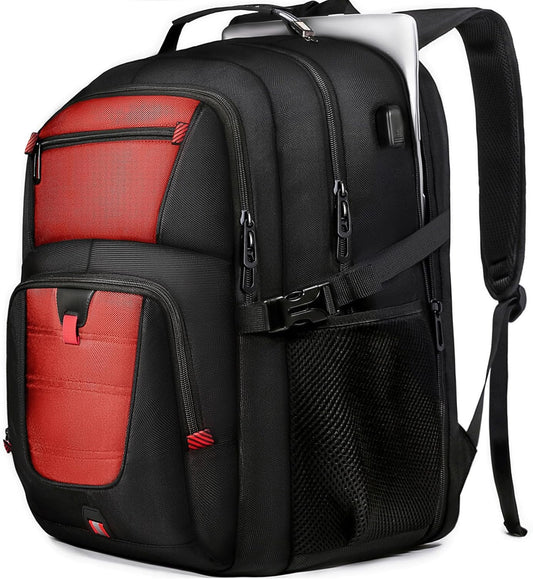 Large Travel Backpack, 50L Laptop Backpack for Men 17.3 Inch, TSA Approved, Heavy Duty with USB Charging, Anti Theft for College Business Work, Red