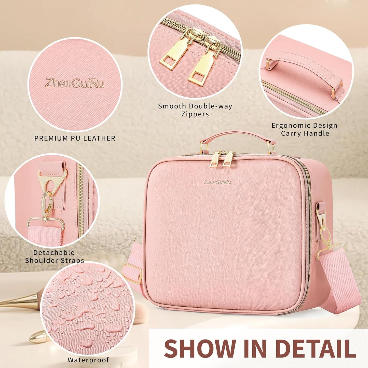 Travel Makeup Bag Cosmetic Organizer Bag with Lighted Mirror, Waterproof Makeup Bag with Light Up Mirror, Travel Makeup Case for Cosmetic Brush Holder Storage, Large Toiletry Bag Women Gift