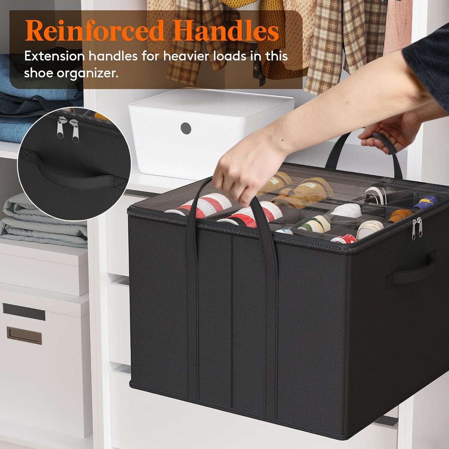 Lifewit Shoe Storage Organizer for Closet, Fits 12-16 Pairs, Large Shoe Box Storage Containers with Clear Cover and Reinforced Handles, Foldable Storage Bins Fit for Boots Heels Sneakers, 3 Pack Black