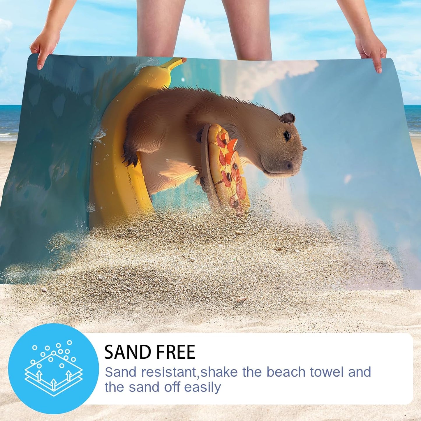 WZOMT Cute Capybara Beach Towel, Capybaras Gifts for Capybaras Lovers, Funny Capybara Eating Pizza On A Banana Boat Print Bath Towels, Soft Quick Dry Swim/Surf/Pool Towel Oversized 32x52 Inch