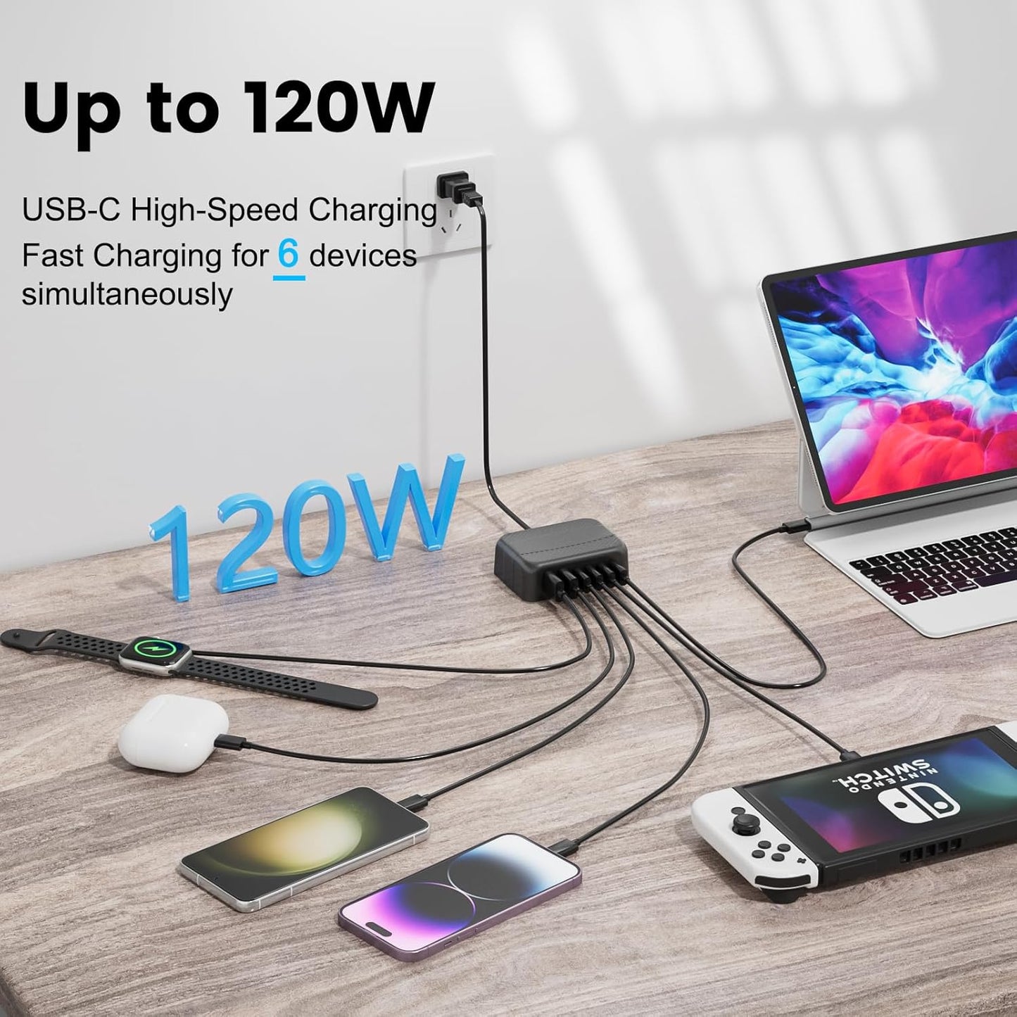 USB C Charger, BURUDU 120W 6 Port USB C Charging Station,Multiports with 4 USB C and 2 QC USB A,Portable PD Fast USB C Wall Charger for iPhone16/15/14/13/12/11 Pro Max,iPad,iWatch,Pixel Samsung Galaxy