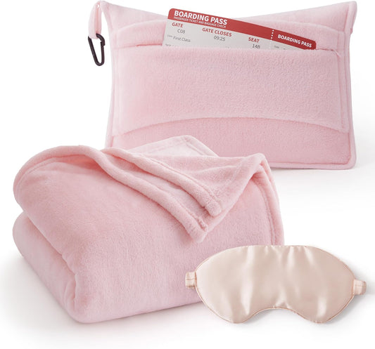 Bedsure Travel Blanket Airplane Compact with Storage Bag, Packable Blanket with Eye Mask, Lightweight 2-in-1 Travel Essentials, Functioned as Pillow for Airplane Comfort and Warmth, Pink